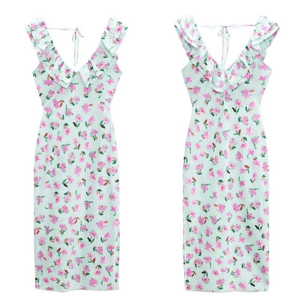 ZARA RUFFLED FLORAL DRESS SS22 GREEN | 2157/046